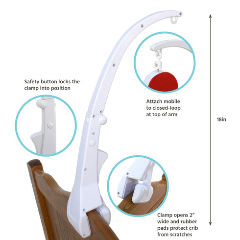 18 Inch, (Pack 2) J.L. Childress Crib Mobile Attachment Clamp Easy Attachment with Rubber Padding, Fits Traditional