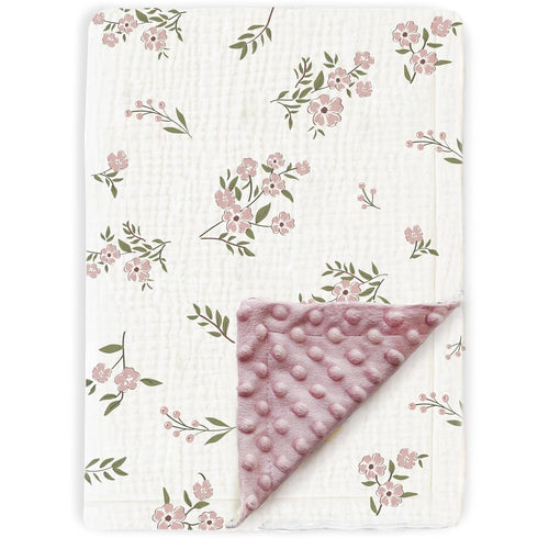 Muslin Baby Blankets for Girls, Super Soft Minky with Breathable Cotton Front and 3D Dotted Fleece Backing, Pink Floral
