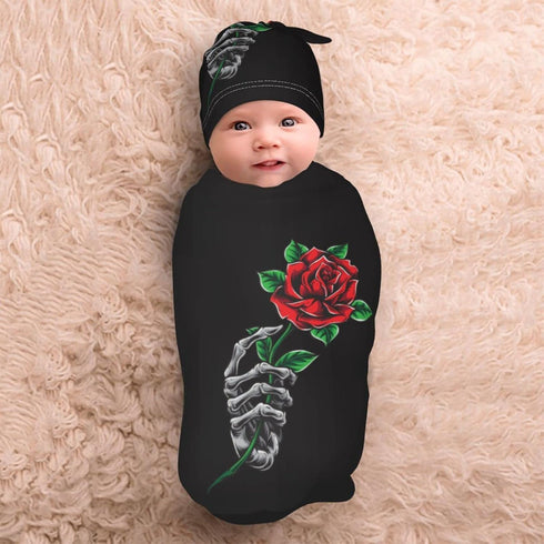 Skeleton Hand Holding Rose Newborn Swaddle Blanket Soft Unisex Infant Wrap with Beanie Hat for Boy and Girl