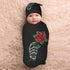 Skeleton Hand Holding Rose Newborn Swaddle Blanket Soft Unisex Infant Wrap with Beanie Hat for Boy and Girl