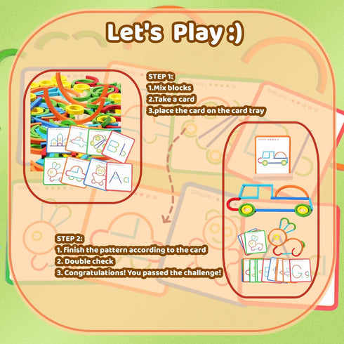 Construction Sticks & Rings Shape Puzzle, Wooden Pattern Blocks STEM Toy for Boys Girls Toddlers