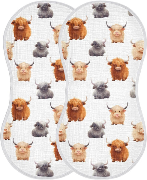 KEIGE 4Pcs Girls,11x22in,A110859 Cute Highland Cow Pattern Burp Cloth,Unisex Large Absorbent Soft Cotton Muslin Burping