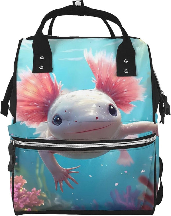 Qewfoju Cute Underwater Axolotl Print Diaper Bag Backpack Large Capacity Diaper Backpack Baby