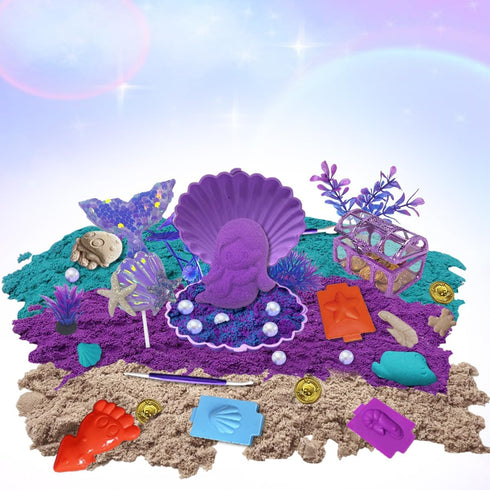 60Pcs Set 2lbs 17 12 3-8 Mermaid Sensory Bin Kit - Sensory Sand with (Purple/Teal/Beach), Sea Castle & Marine Molds