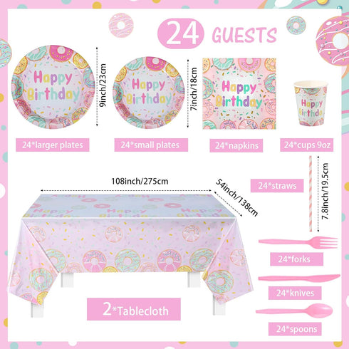 194 24 Pcs Donut Ice Cream Birthday Party Decorations Supplies Guest Disposable Dinnerware with Tablecloth Paper Plates