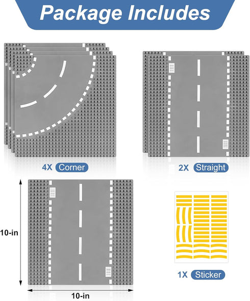 6 Pack Road Baseplates for Building, Compatible with Lego Classic Bricks, 10” x 10” for City Sets (Attached DIY