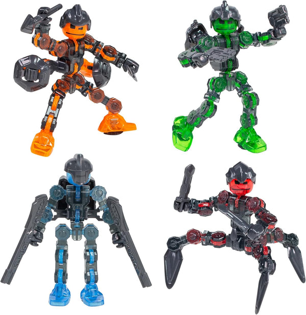 Zing Klikbot, Complete Set of 4 Poseable Action Figures with Weapons, Translucent,