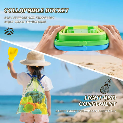 Aimlovs Set 4 Set 3-10(Blue&Green) Collapsible Beach Toys for Kids,Sand Bucket Shovel, Rake, Mesh Bag Molds & Castle