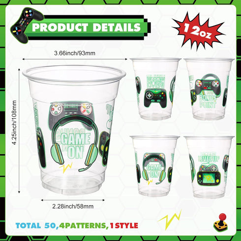 50 Pcs Video Game Plastic Cups, 12 Oz Gaming Birthday Party Disposable Cups for Kids and Adults