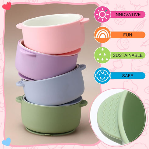 4 Sets Domensi Kids Porcelain Bowls with Suction Sleeves Toddler Suction Bowl Upgrade Durable Microwave Dishwasher Safe