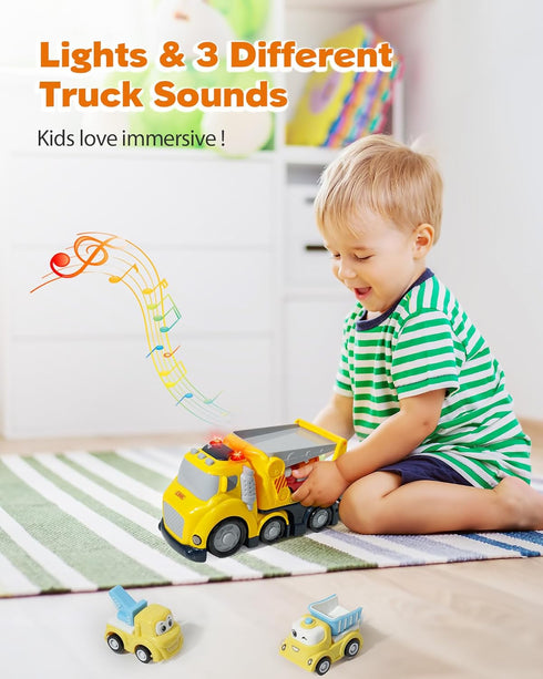 Construction Car Carrier Toys Set for 3-6 Years Old, 4 Small Cartoon Cars, Sound and Light Big Truck with Slide