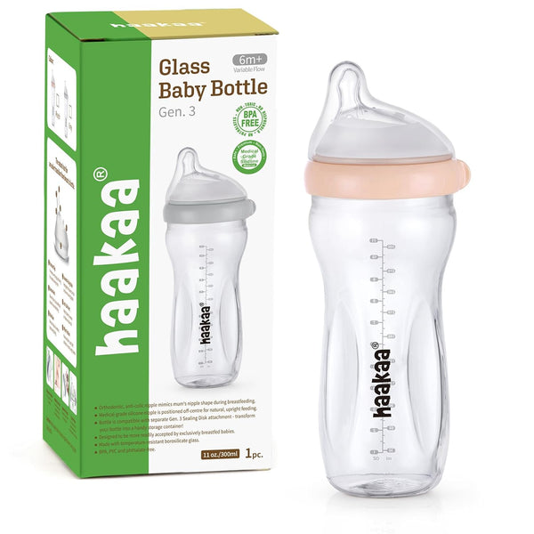 haakaa Gen.3 Natural Glass Baby Bottle 11oz/1PK - Wide Neck Anti-Colic Variable