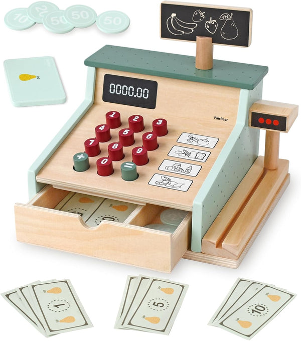 PairPear Wooden Toy Cash Register with Scanner and Credit Card, Kids Pretend Play Money Counting Toy for Boys Girls 3+