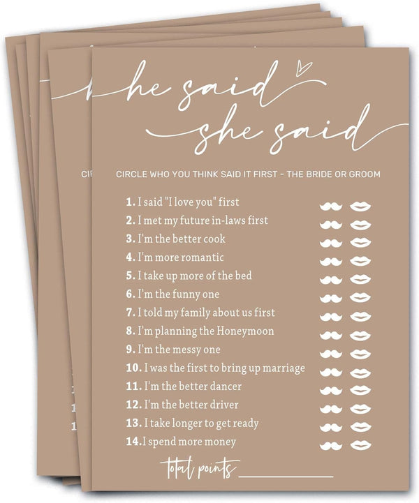 Bridal Shower Games Cards, Guest Who Said It, He Said She Said Game Cards, 25 Guests Engagement Party Supplies