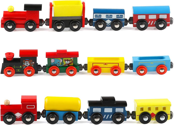 Joqutoys 12 PCS Wooden Train Cars, Train Toys Magnetic Set Includes 3