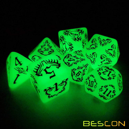BESCON DARK ELVES Glowing Dice Set (7 piece), Oversized GLOW in DARK Carved RPG Dice Set