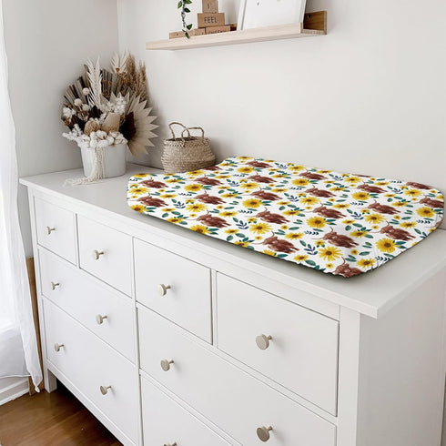 Highland Cows Boho Sunflowers Changing Pad Cover, Cute Yak Floral Diaper Sheets, Soft Breathable Stretchy Mats 32''x16''