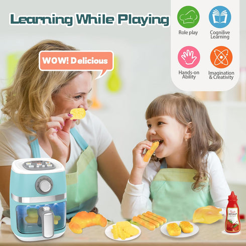 Toy Air Fryer for Kids Kitchen Playset, Chef Pretend Play Kitchen Accessories with Color Changing Play Food, Cooking