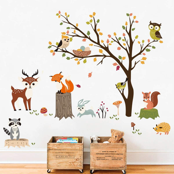 decalmile Woodland Wall Decals, Animals Tree Owl Fox Deer Wall Stickers for Kids Bedroom Baby Nursery Decor