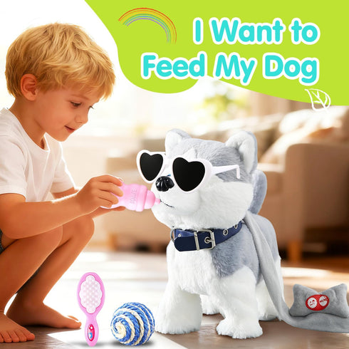 HCdoujoy Husky Walking Dog Barking Toy, Musical Singing Dancing Volume Control Interactive Puppy Walk Along with Leash