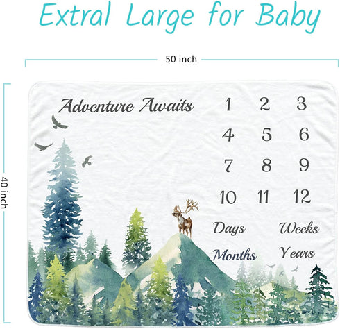 Baby Monthly Milestone Blanket for Boys & Girls, Soft Flannel Photography Background Prop, Mountain Design