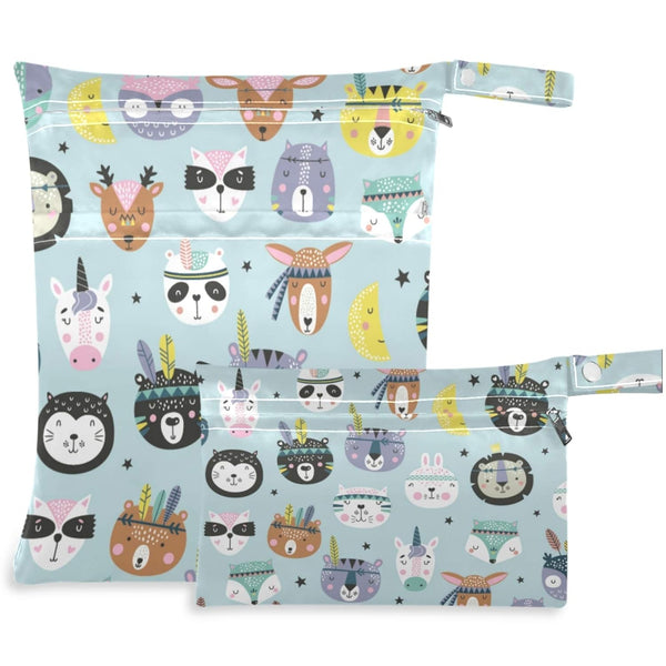 visesunny Funny Bear Unicorn Animal 2Pcs Wet Bag with Zippered Pockets Washable Reusable