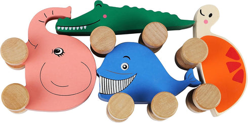 TOWO Wooden Cars for Toddlers, Animals on Wheels, Sensory Grasping Motor Skill Toy for Babies 12 Months+