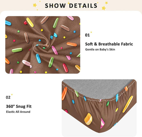 CZXW 52" 28" Colorful Sprinkles Chocolate Crib Sheets Fitted x Natural Cotton Soft & Breathable for Baby Crib Mattress