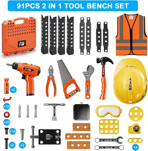 Kids Tool Bench Toy Workbench with Electric Drill, 91pcs Tool Accessories, Pretend Play Learning Toy for Ages 3-5