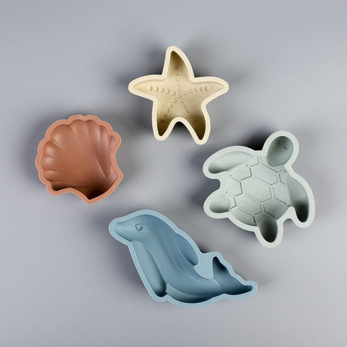 Set 4 BLUE GINKGO Silicone Beach Toys - Modern Baby Beach Toys | Travel Friendly Beach | Silicone Bucket, Shovel, Sand