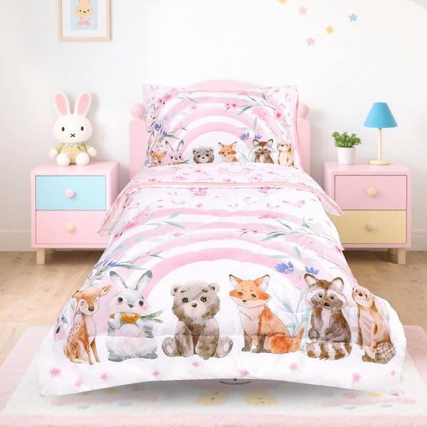 Hooyax Toddler Bedding Set for Girls - 4 Piece Rainbow Toddler Comforter