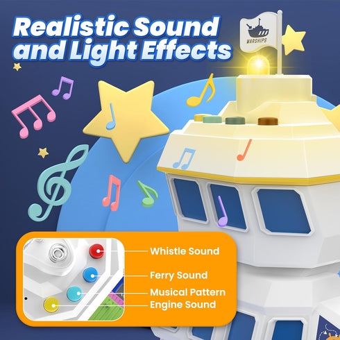 2-in-1 Playset, CUTE STONE Toy Boat & Tower Crane Cargo Ship with Lights/Sounds | Push-Go Transport Ship & Construction