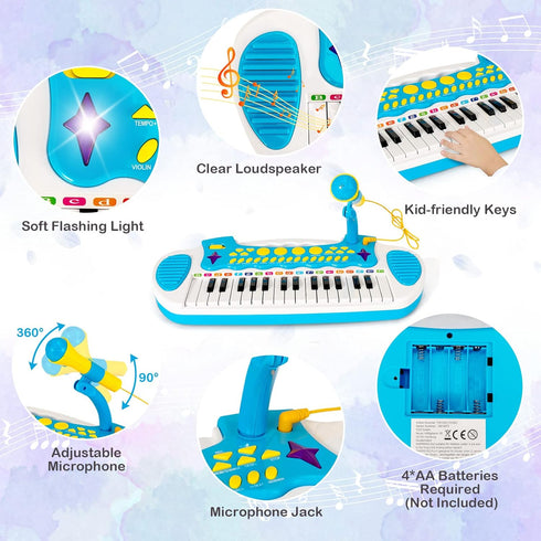 Costzon 31-Key Kids Piano Keyboard Toy, Toddler Electronic Musical Instrument with Microphone, Lights & Stool