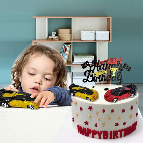 Cars Cake Topper Model Racing Car with Chequered Flag - Sports Themed Birthday Party Decor for Boys Kids