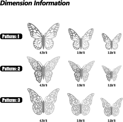 3D Butterfly Wall Stickers, 72Pcs in 3 Sizes and Styles, Removable Metallic Wall Decals for Kids Bedroom Decor
