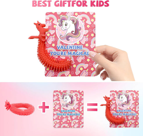 Gocozer 30-Pack Valentine's Day Cards with Stretchy String Toys Unicorn Noodles & Fidget Toys for Kids, Kids Valentines