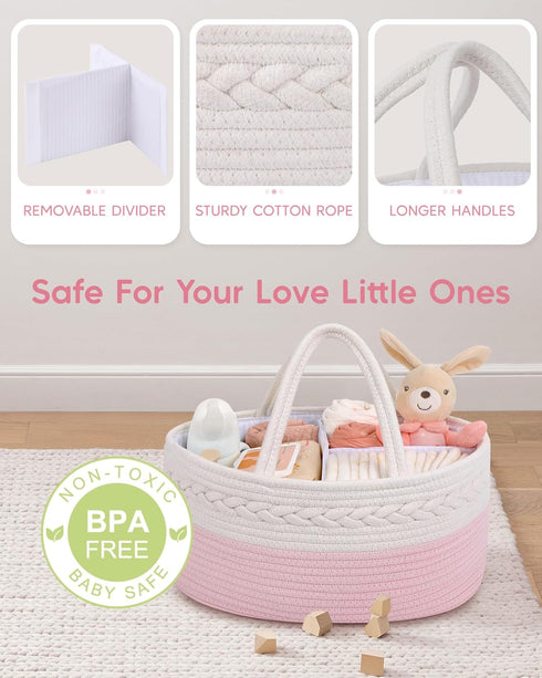Maliton Diaper Caddy for Baby Girl-Cotton Rope Diaper Caddy, Diaper Organizer for Changing Table, Portable Baby Basket