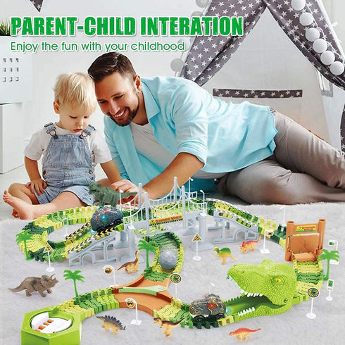 174 Playset 8 PCS Flexible Dinosaur Train Tracks and Race Cars with Dinosaurs Figures, Electric Vehicles, Lights
