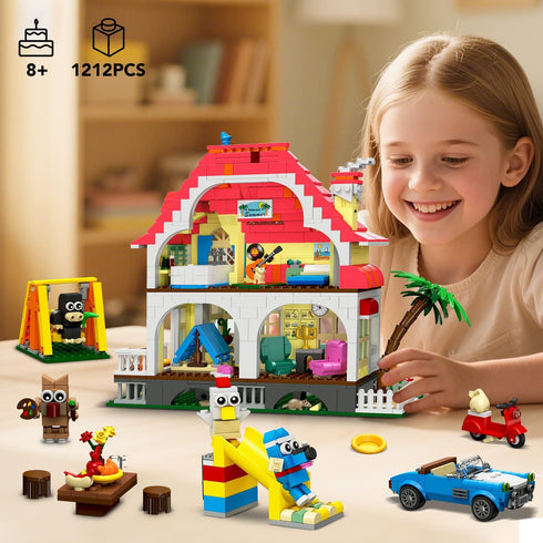 Set Playset 6+ HOGOKIDS Girls House Building with LED Lights Girl Friends Family House Block Toy, House with Car
