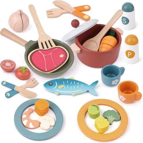 Wooden Play Kitchen Accessories - Pretend Play Food for Toddlers with Dishes