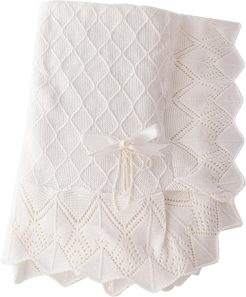 Booulfi Knit White Baby Blankets Neutral,Crib Stroller Newborn Blankets for Boys Girls,Cotton