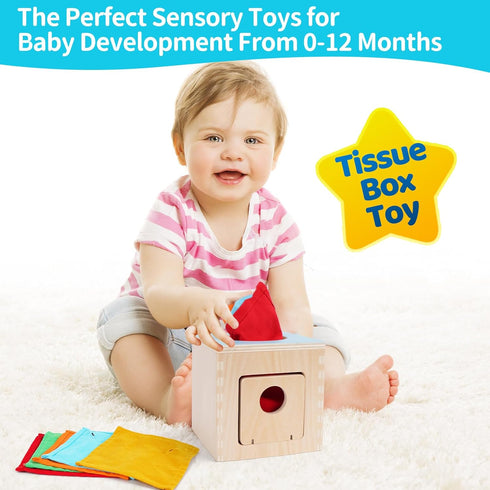 FCSONU Kids Toddler Montessori Toys, Wooden Baby Tissue Box Toy for Educational Learning with Cloth Tissues