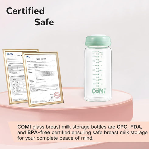 4 Packs,10oz Pumps&Nipples(4 COMI Wide Neck Glass Breastmilk Collection n Storage Bottle, with Screw Ring Sealing