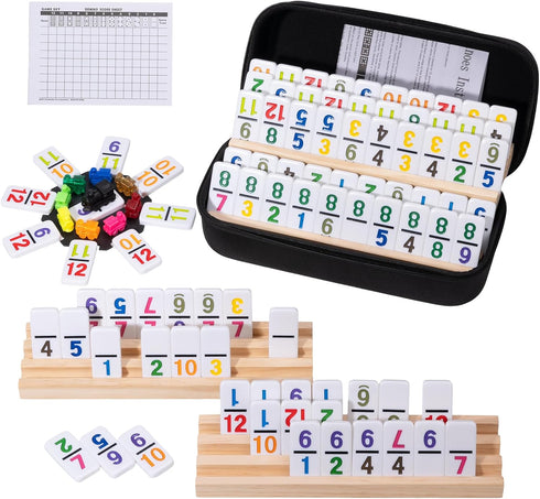 Mexican Train Dominoes Set with 4 Wooden Trays - Double 12 Dominoes