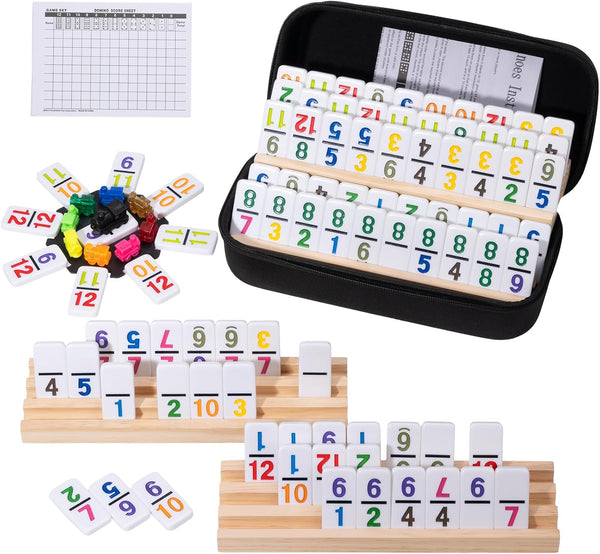 Mexican Train Dominoes Set with 4 Wooden Trays - Double 12 Dominoes