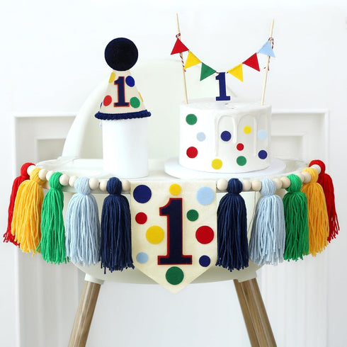 Colourful Rainbow Dot 1st High Chair Banner Conical Cap Primary Colors Cake