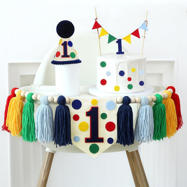 Colourful Rainbow Dot 1st High Chair Banner Conical Cap Primary Colors Cake