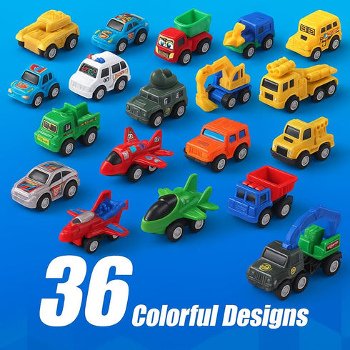 36 Set Pieces Pull Back Cars and Trucks Toy Mini Pocket Vehicles, Fighter Jets, Construction, Race Cars & Military Toys