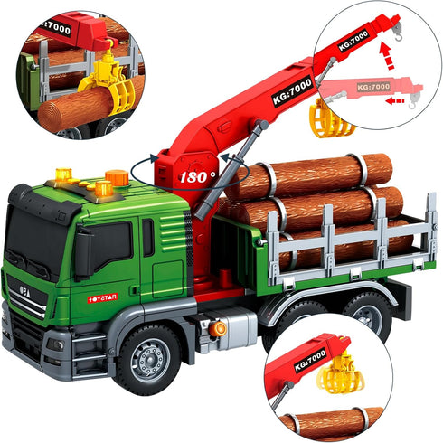 15 Inch 6 3-7 Friction Powered Timber Truck Toy with Loading Crane, Wooden Logs & Lights/Sounds - Play Vehicle Gift