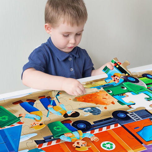 Puzzles,48 3-5,Children 4-8 Jumbo Floor Puzzle for Kids,Recycling Garbage Truck Jigsaw Large Piece Trash Truck Vehicle